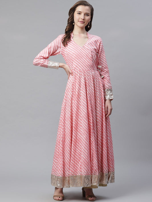 Women'S Pink Leheriya Cotton Anarkali With Copper Lace | LASVINI - Redefining Indian Fashion with Elegance