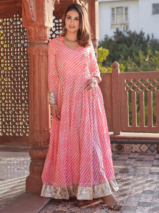 Women Pink Leheriya Cotton Anarkali With Copper Lace | LASVINI - Redefining Indian Fashion with Elegance