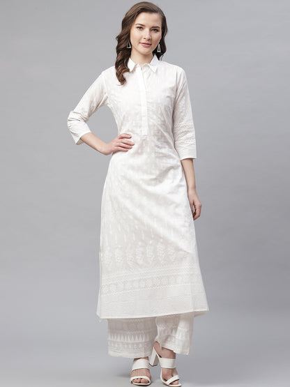 Women'S White Printed Cotton Kurti With Palazzo | LASVINI - Redefining Indian Fashion with Elegance