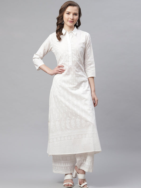 Women'S White Printed Cotton Kurti With Palazzo | LASVINI - Redefining Indian Fashion with Elegance