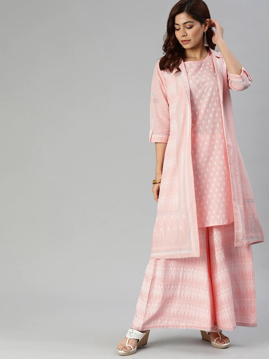 Women'S Baby Pink Three Piece Palazzo Set With Jacket | LASVINI - Redefining Indian Fashion with Elegance