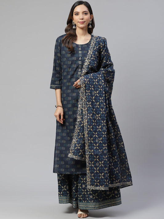 Women'S Indigo Kurta Set With Palazzo And Dupatta | LASVINI - Redefining Indian Fashion with Elegance