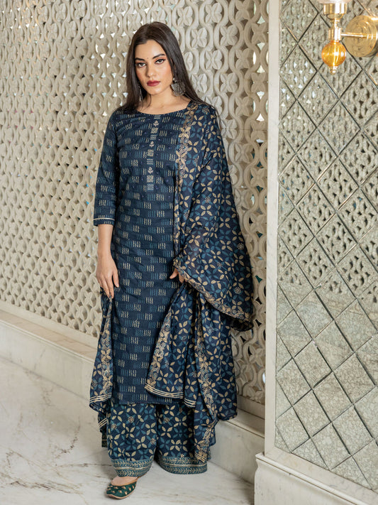 Women Indigo Kurta Set With Palazzo And Dupatta | LASVINI - Redefining Indian Fashion with Elegance