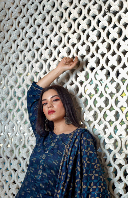 Women'S Indigo Kurta Set With Palazzo And Dupatta | LASVINI - Redefining Indian Fashion with Elegance