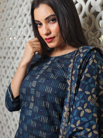 Women Indigo Kurta Set With Palazzo And Dupatta | LASVINI - Redefining Indian Fashion with Elegance