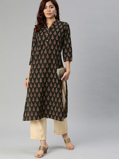 Women'S Black Buti Print Cotton Kurta | LASVINI - Redefining Indian Fashion with Elegance