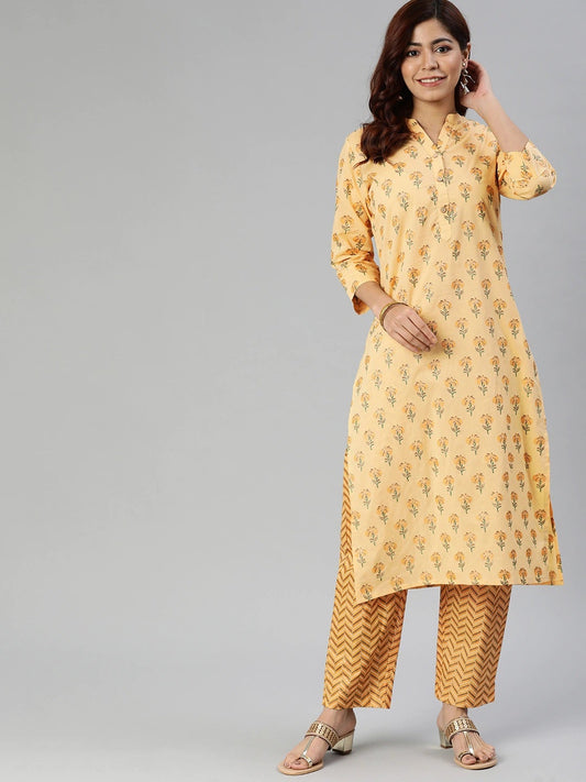 Women'S Yellow Flower Print Cotton Kurta Set | LASVINI - Redefining Indian Fashion with Elegance