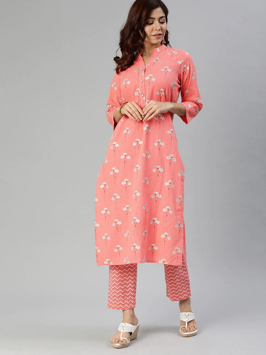 Women'S Pink Flower Print Cotton Kurta Set | LASVINI - Redefining Indian Fashion with Elegance