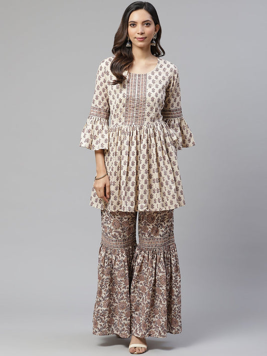 Women'S Cream Printed Sharara Set | LASVINI - Redefining Indian Fashion with Elegance