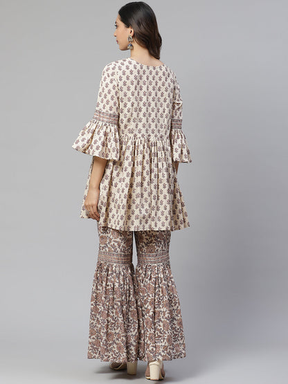 Women'S Cream Printed Sharara Set | LASVINI - Redefining Indian Fashion with Elegance