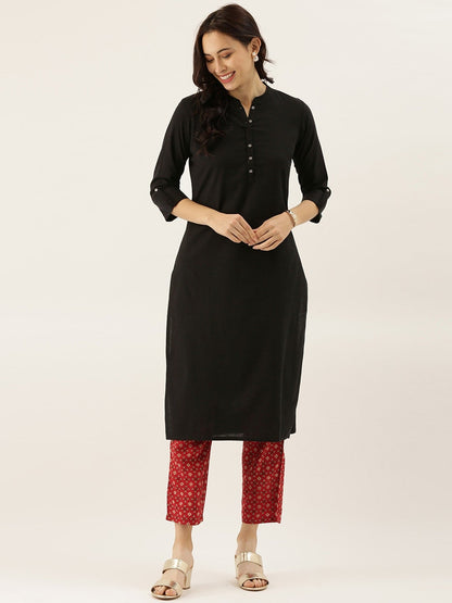 Women'S Black Solid Straight Roll Up Kurti | LASVINI - Redefining Indian Fashion with Elegance