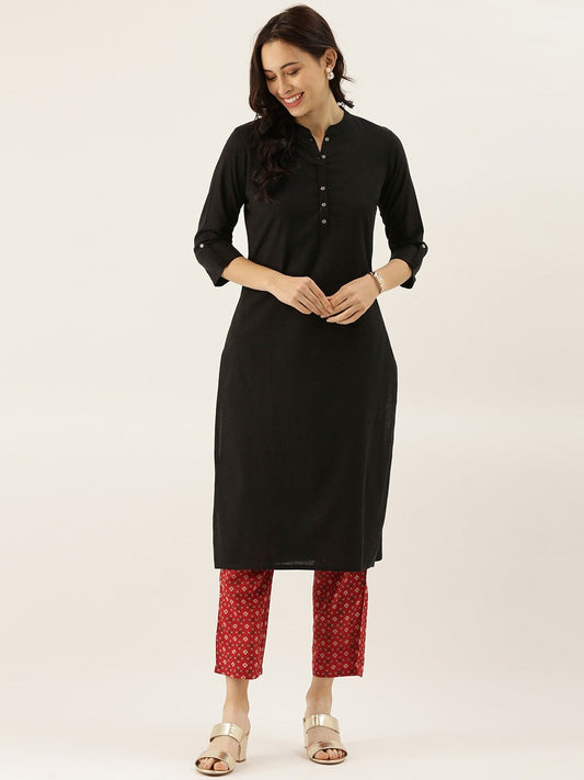 Women'S Black Solid Straight Roll Up Kurti | LASVINI - Redefining Indian Fashion with Elegance