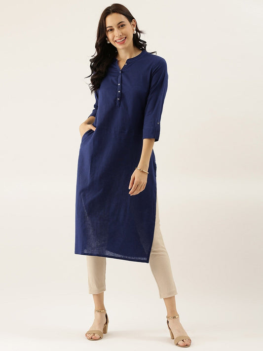 Women'S Blue Solid Straight Roll Up Sleeve Kurti | LASVINI - Redefining Indian Fashion with Elegance
