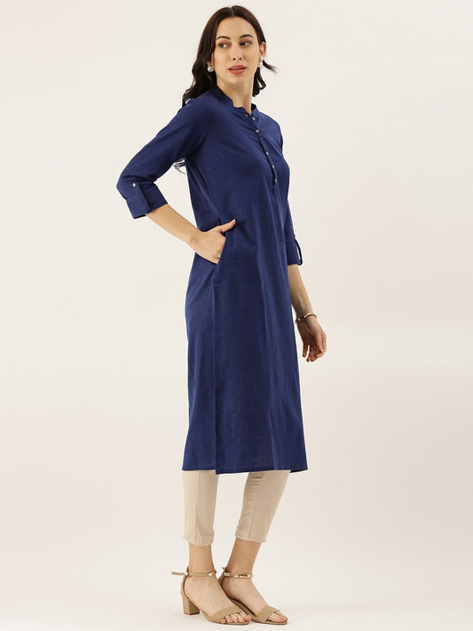 Women'S Blue Solid Straight Roll Up Sleeve Kurti | LASVINI - Redefining Indian Fashion with Elegance