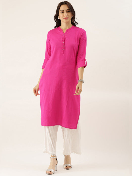 Women'S Pink Solid Straight Roll Up Sleeve Kurti | LASVINI - Redefining Indian Fashion with Elegance