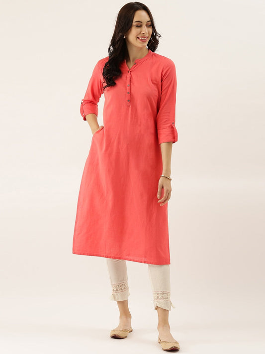 Women'S Peach Solid Straight Roll Up Sleeve Kurti | LASVINI - Redefining Indian Fashion with Elegance
