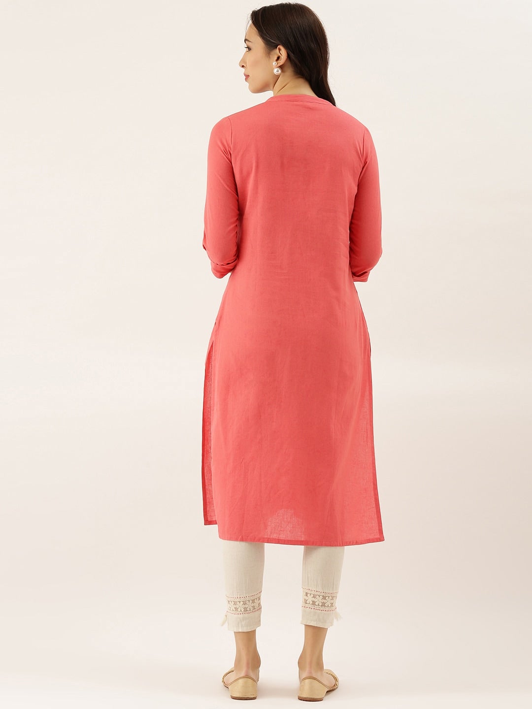 Women'S Peach Solid Straight Roll Up Sleeve Kurti | LASVINI - Redefining Indian Fashion with Elegance