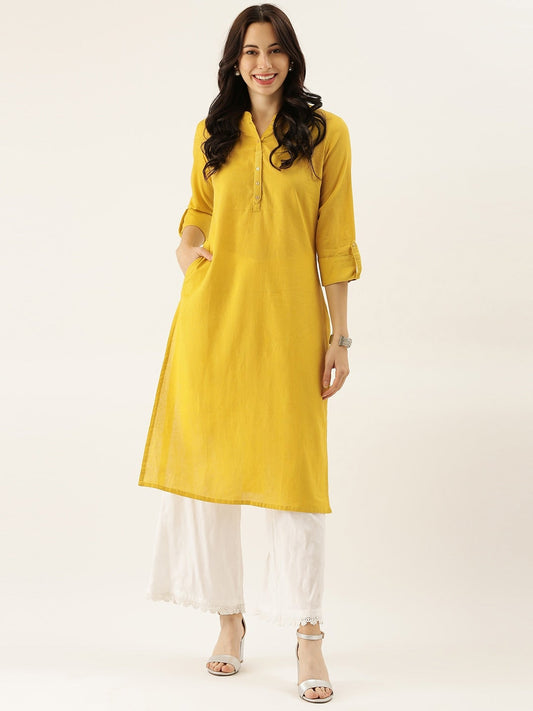 Women'S Yellow Solid Straight Roll Up Sleeve Kurti | LASVINI - Redefining Indian Fashion with Elegance