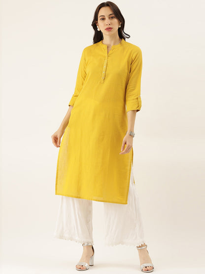 Women'S Yellow Solid Straight Roll Up Sleeve Kurti | LASVINI - Redefining Indian Fashion with Elegance