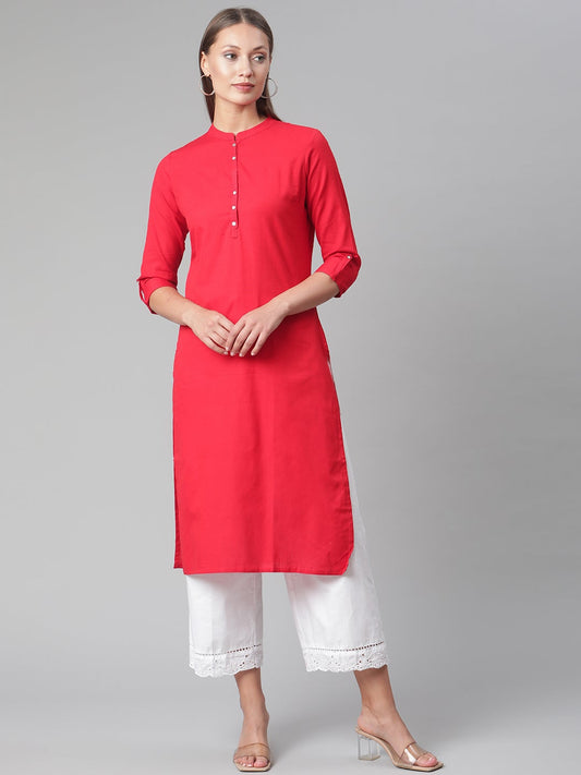 Women'S Red Cotton Straight Kurti | LASVINI - Redefining Indian Fashion with Elegance