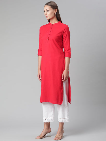 Women'S Red Cotton Straight Kurti | LASVINI - Redefining Indian Fashion with Elegance