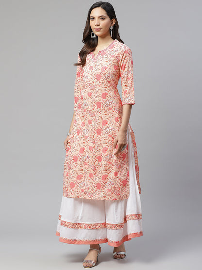 Women'S Peach Cotton Kurta With Palazzo Set | LASVINI - Redefining Indian Fashion with Elegance