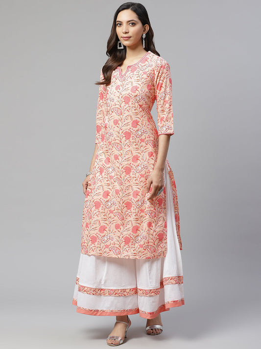 Women'S Peach Cotton Kurta With Palazzo Set | LASVINI - Redefining Indian Fashion with Elegance