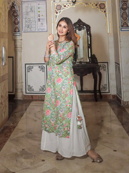 Women Green Printed Cotton Kurta With Palazo Set | LASVINI - Redefining Indian Fashion with Elegance