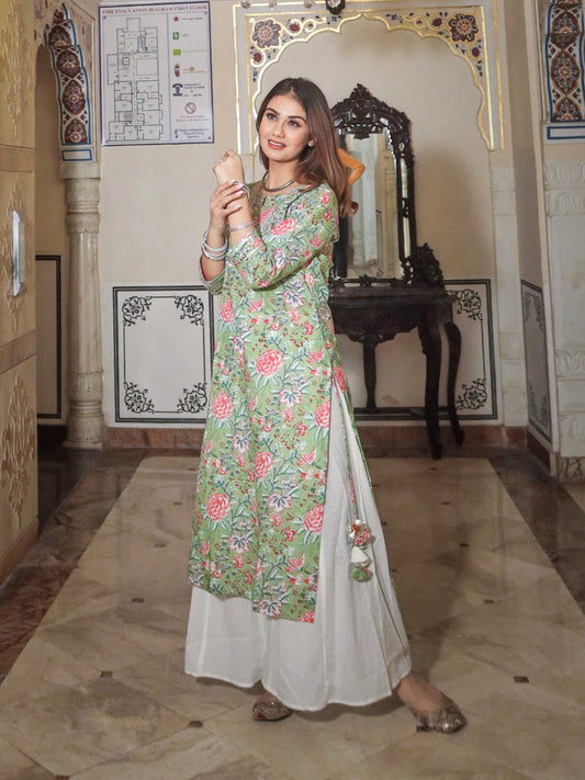 Women Green Printed Cotton Kurta With Palazo Set | LASVINI - Redefining Indian Fashion with Elegance