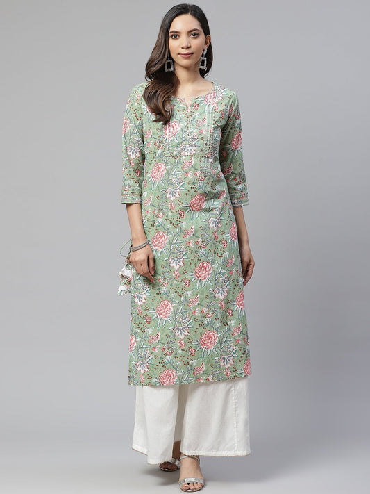 Women'S Green Printed Cotton Kurta With Palazzo Set Plus Size | LASVINI - Redefining Indian Fashion with Elegance
