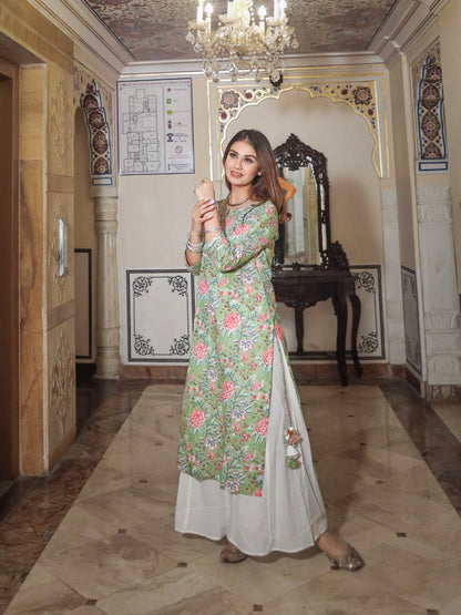 Women Green Printed Cotton Kurta With Palazo Set | LASVINI - Redefining Indian Fashion with Elegance