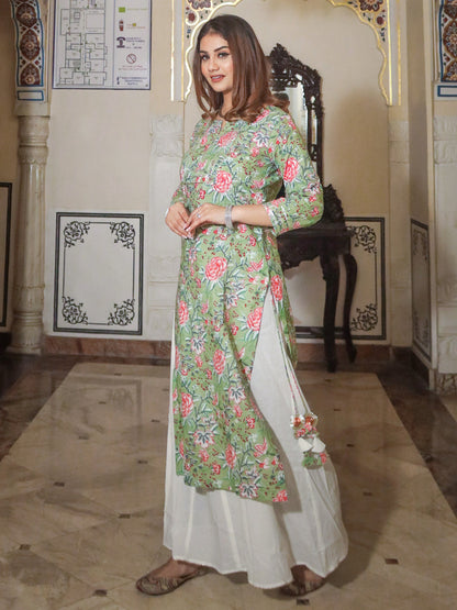 Women Green Printed Cotton Kurta With Palazo Set | LASVINI - Redefining Indian Fashion with Elegance