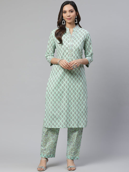 Women'S Sea Green Cotton Printed Kurti Pant Set | LASVINI - Redefining Indian Fashion with Elegance