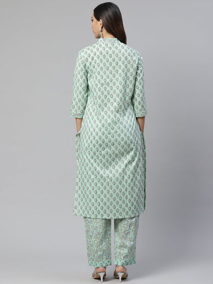 Women'S Sea Green Cotton Printed Kurti Pant Set | LASVINI - Redefining Indian Fashion with Elegance