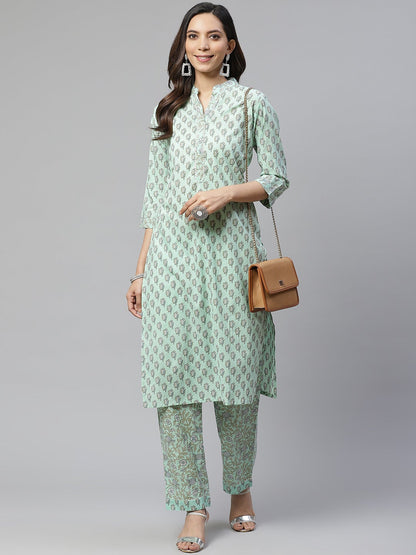 Women'S Sea Green Cotton Printed Kurti Pant Set | LASVINI - Redefining Indian Fashion with Elegance