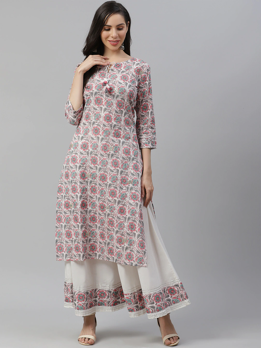 Women'S White Printed Kurta With Palazzo Set | LASVINI - Redefining Indian Fashion with Elegance