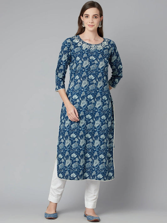 Women'S Blue Floral Straight Kurta | LASVINI - Redefining Indian Fashion with Elegance