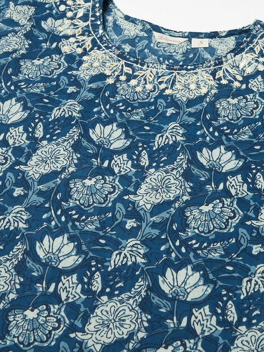Women'S Blue Floral Straight Kurta | LASVINI - Redefining Indian Fashion with Elegance