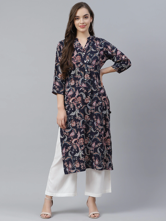 Women'S Blue Printed Rayon Straight Kurti | LASVINI - Redefining Indian Fashion with Elegance