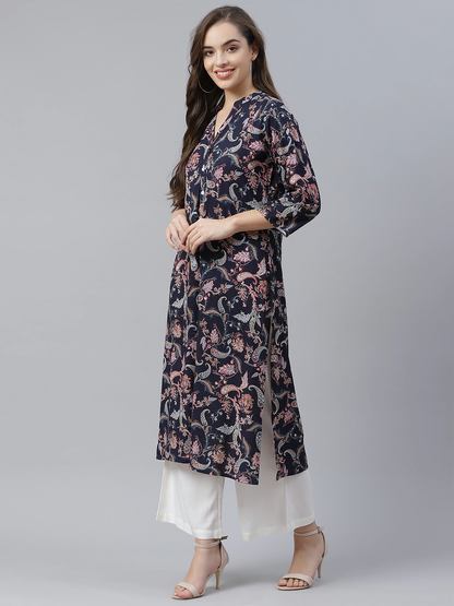 Women'S Blue Printed Rayon Straight Kurti | LASVINI - Redefining Indian Fashion with Elegance
