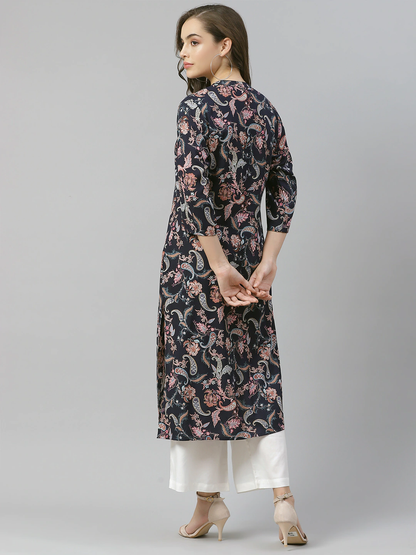 Women'S Blue Printed Rayon Straight Kurti | LASVINI - Redefining Indian Fashion with Elegance