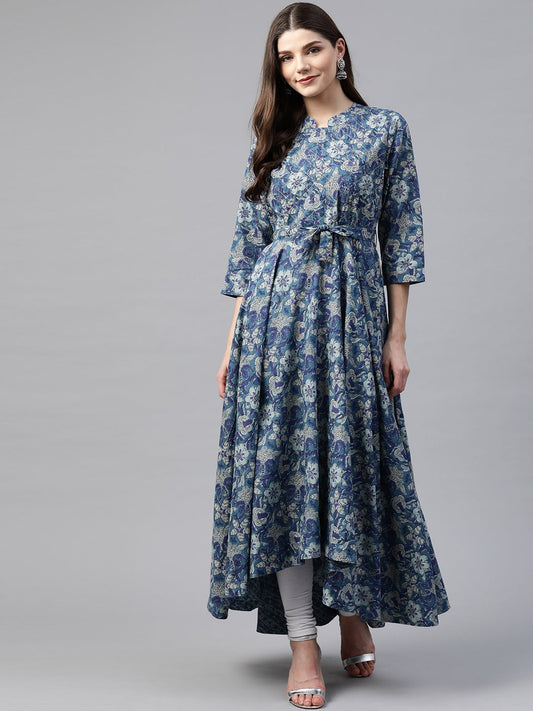Women'S Indigo Blue High Low Flared Kurta With Belt | LASVINI - Redefining Indian Fashion with Elegance