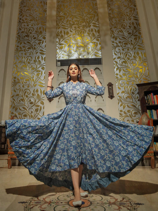 Women Indigo Blue High Low Flared Kurta With Belt | LASVINI - Redefining Indian Fashion with Elegance
