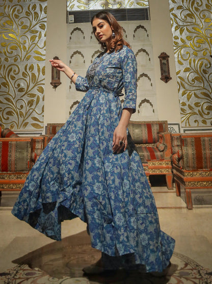 Women'S Indigo Blue High Low Flared Kurta With Belt | LASVINI - Redefining Indian Fashion with Elegance