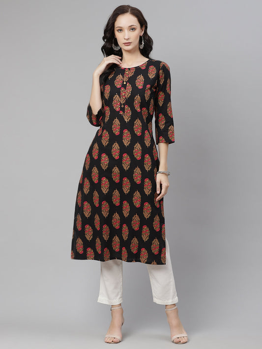 Women'S Black Floral Print Cotton Straight Kurta | LASVINI - Redefining Indian Fashion with Elegance
