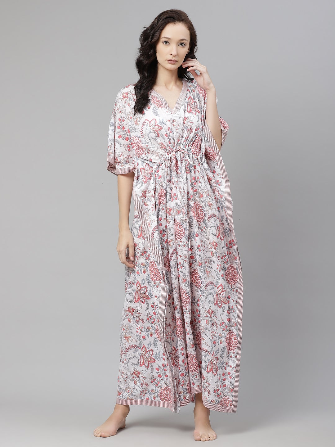 Women'S White And Pink Floral Print Kaftan | LASVINI - Redefining Indian Fashion with Elegance