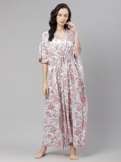 Women'S White And Pink Floral Print Kaftan | LASVINI - Redefining Indian Fashion with Elegance