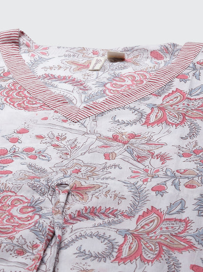 Women'S White And Pink Floral Print Kaftan | LASVINI - Redefining Indian Fashion with Elegance