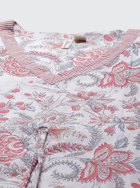 Women'S White And Pink Floral Print Kaftan | LASVINI - Redefining Indian Fashion with Elegance