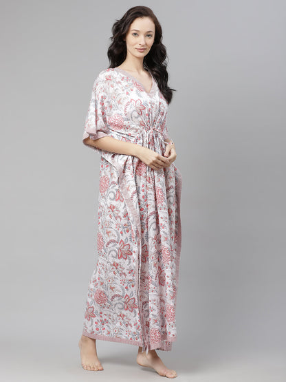 Women'S White And Pink Floral Print Kaftan | LASVINI - Redefining Indian Fashion with Elegance